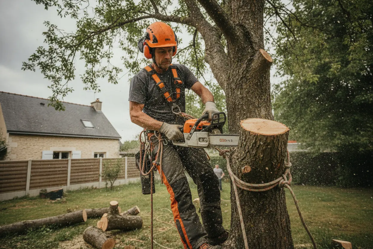 Abattage d'un grand arbre en secteur pavillonnaire à Trélazé