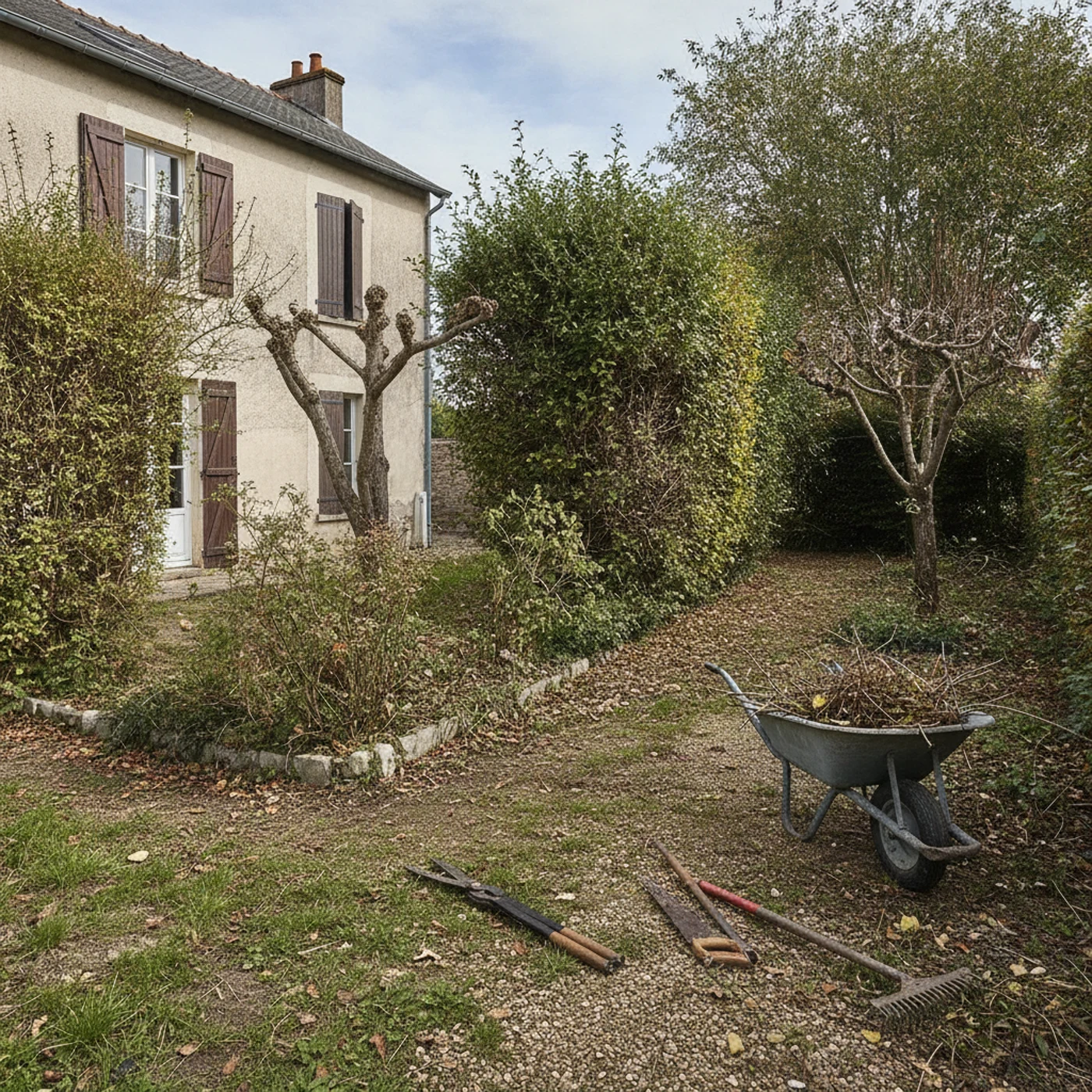 Avant : haie haute débordant sur une allée à Trélazé