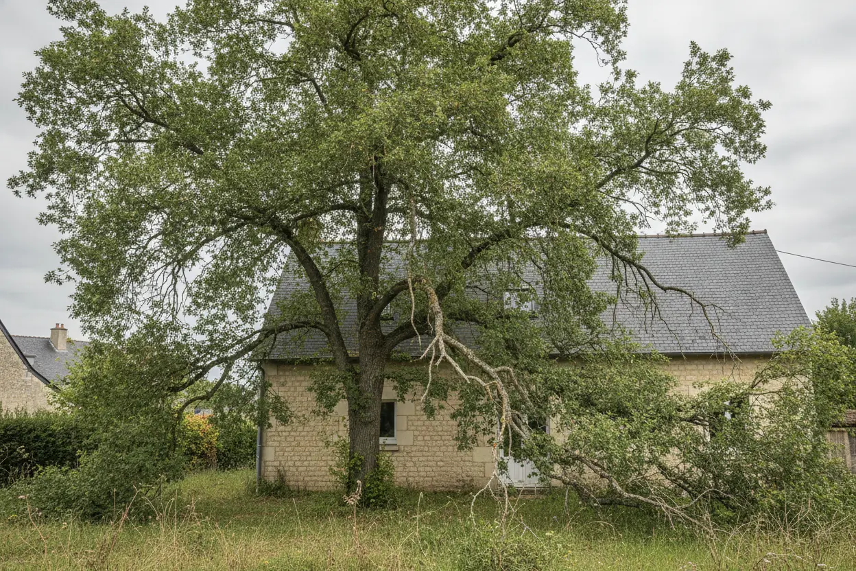 Chêne avec branches envahissantes surplombant la clôture avant élagage Lac de Maine Angers