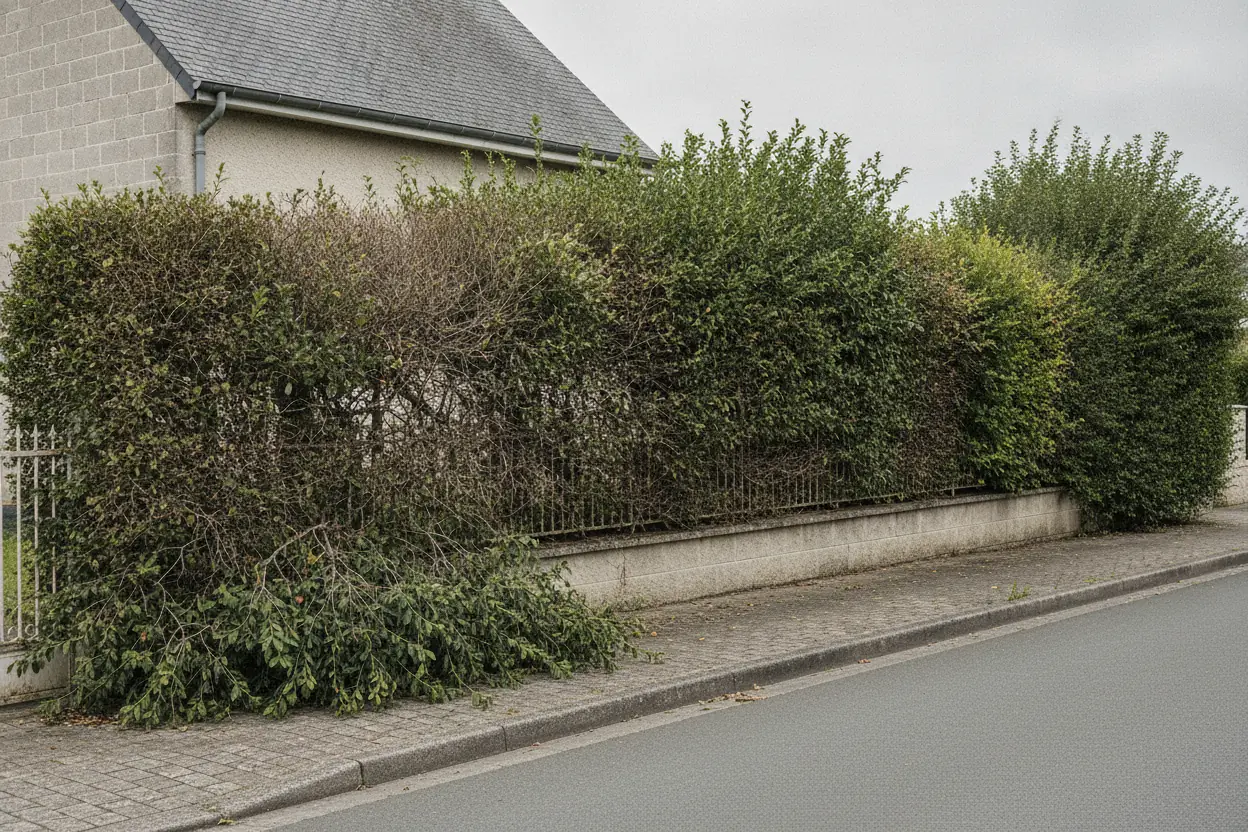 Haie de lauriers débordant sur trottoir avant taille quartier Monplaisir Angers