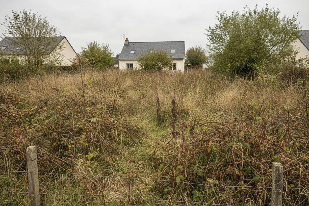 Terrain envahi par les ronces et broussailles à Saint-Barthélemy-d'Anjou avant débroussaillage