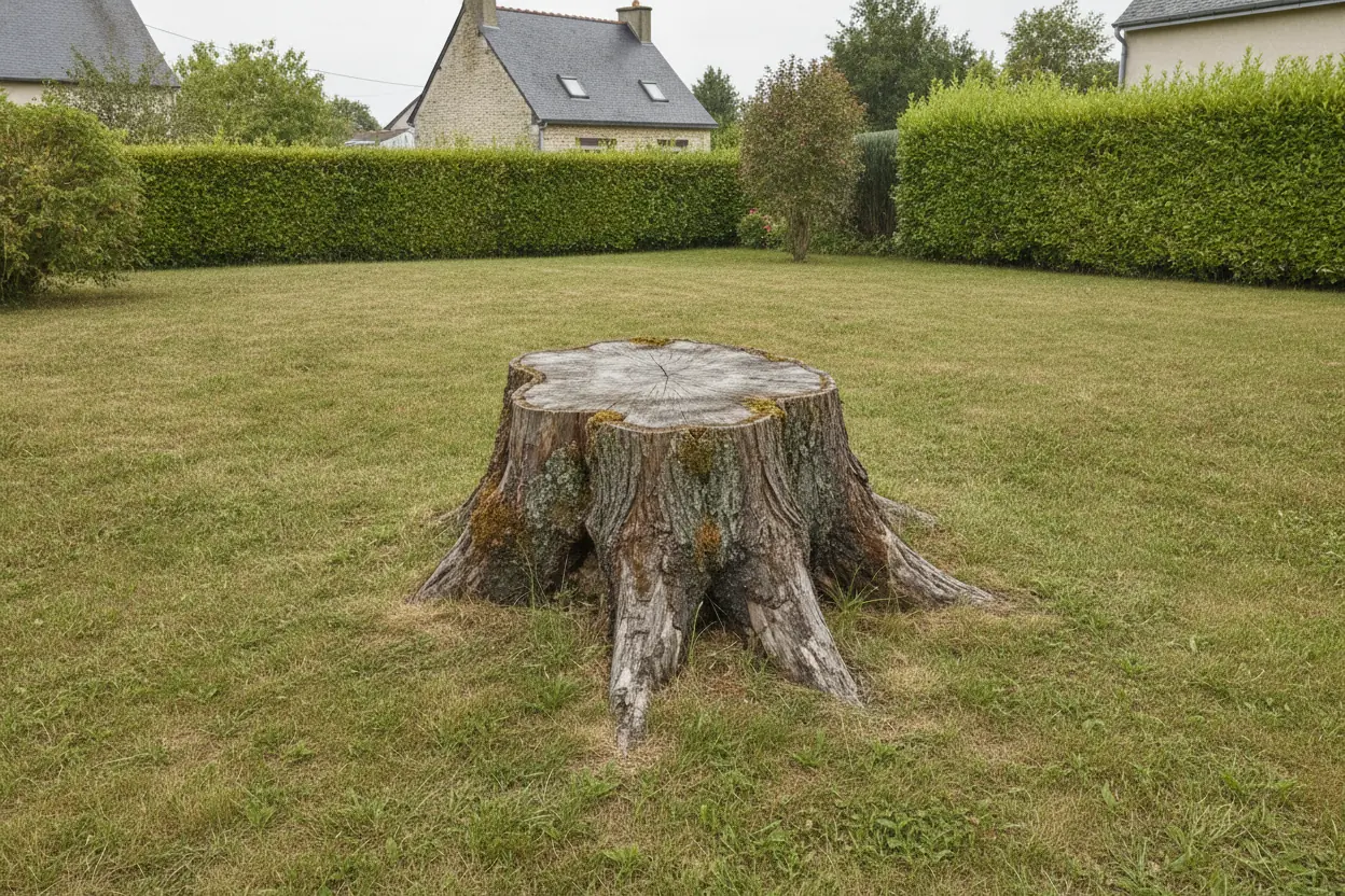 Souche de robinier en place dans un jardin à Belle-Beille, Angers, avant rognage