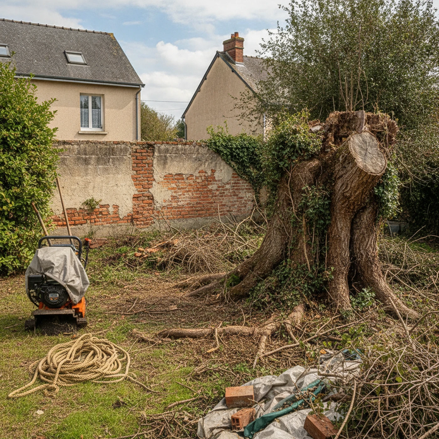 Souche de peuplier avec racines apparentes avant dessouchage complet près du Lac de Maine à Angers