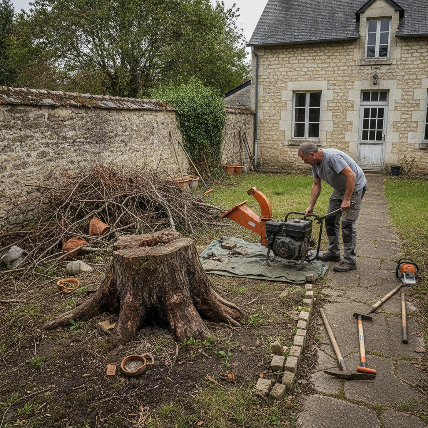 Souche au ras d'un mur dans un jardin étroit de Monplaisir à Angers avant rognage