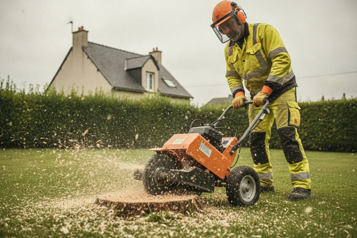 Rognage de souche dans un jardin pavillonnaire à Trélazé