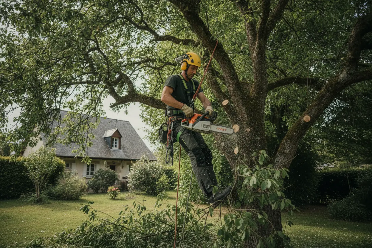 Élagueur grimpeur taillant un arbre dans un jardin à Trélazé