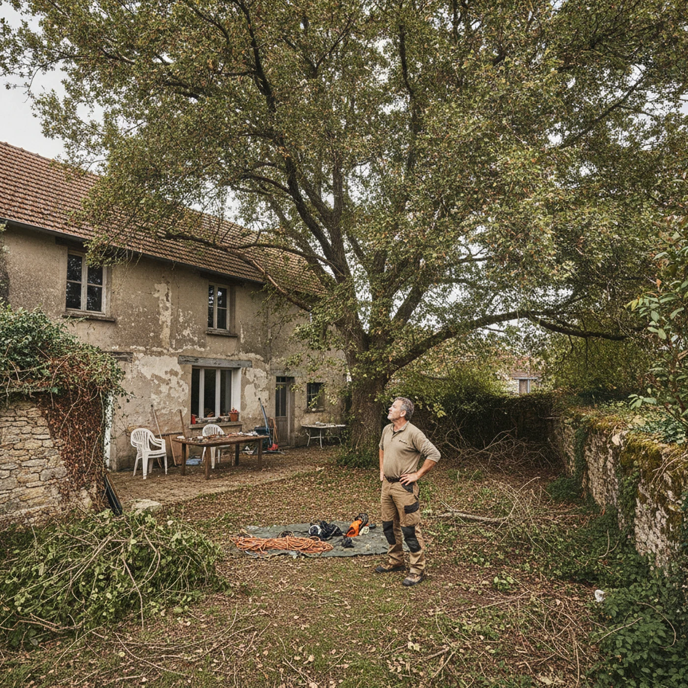 Tilleul dense en fond de parcelle avant taille sur cordes à La Doutre Angers