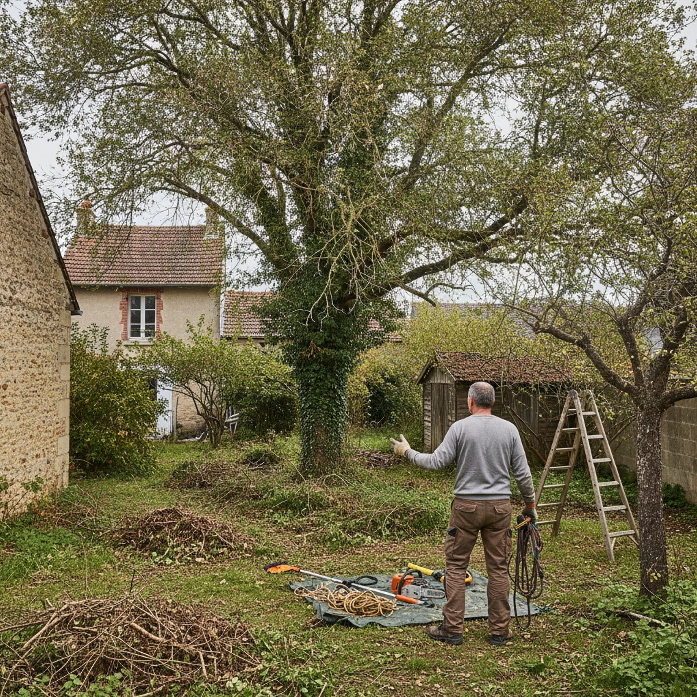 Peuplier penché près d'une clôture avant intervention d'un élagueur grimpeur à Angers