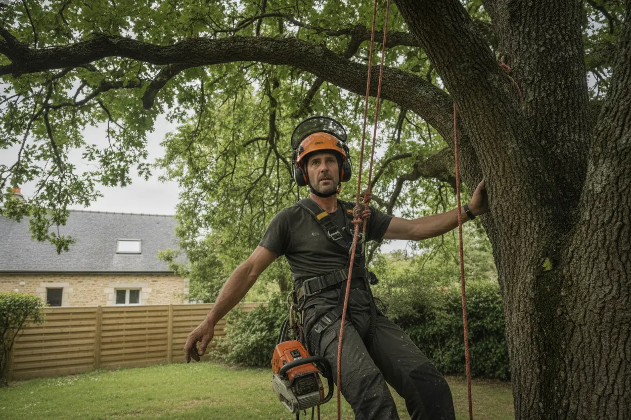 Élagueur grimpeur en action dans un grand arbre à Trélazé