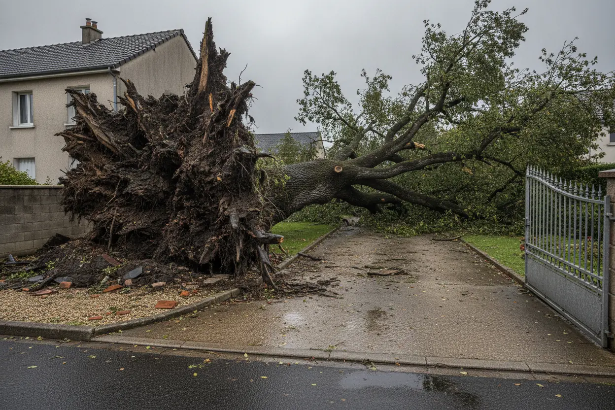 Grand arbre déraciné menaçant une maison angevine après tempête, branches étalées sur la pelouse