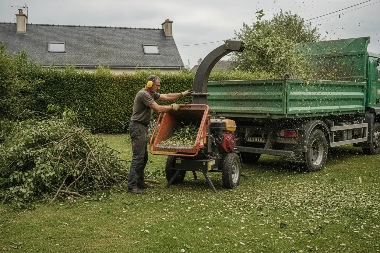 Ramassage et broyage de déchets verts après élagage à Trélazé