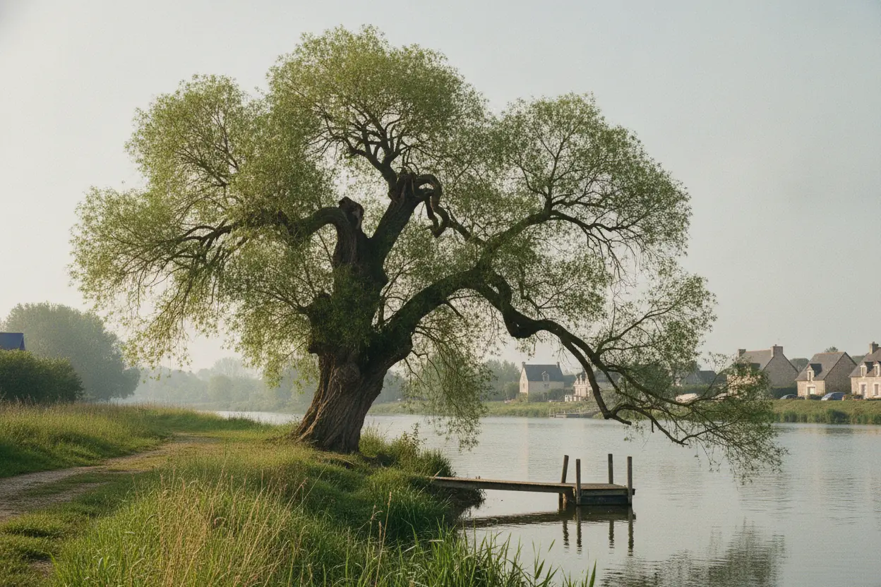 Grand saule têtard non entretenu en bord de Maine à Bouchemaine, branches envahissantes